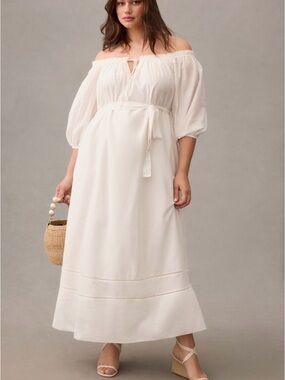 Anthropologie White Off-Shoulder Maxi Dress with Tie Waist